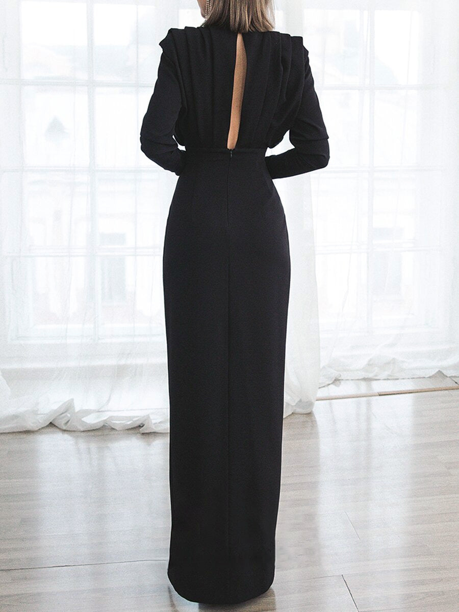 Solid color pleated split open back dress