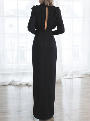 Solid color pleated split open back dress