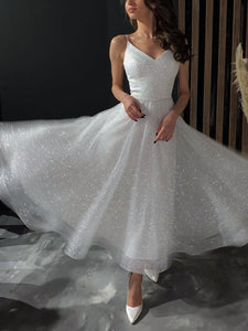 Mid-length White Dress With Glitter Suspenders Temperament