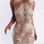 Golden Embroidery Lace Halter Cross Strap Back Bodycon Dress
