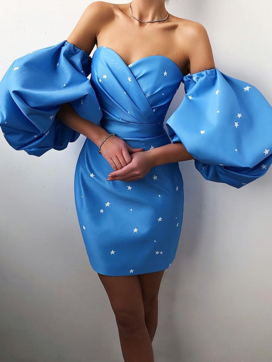 Lantern Sleeve Pleated Design Short Dress