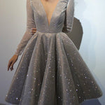 V-neck long-sleeve high-waisted sparkling evening dress