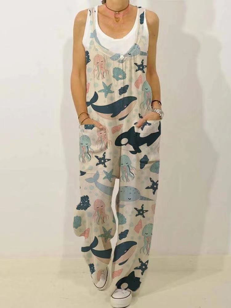 Women Sealife Pocket Sleeveless Jumpsuit