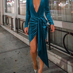Fashion Long Sleeve V-neck Velvet Elegant Dress