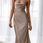 Slim mid-length pile neck suspender evening dress