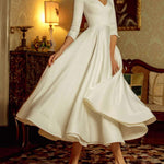 V-neck Elegant Mid-length White Large Skirt Dress