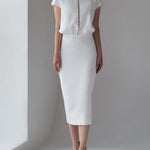 White Round Neck Pearl Buckle Bag Hip Skirt Dress
