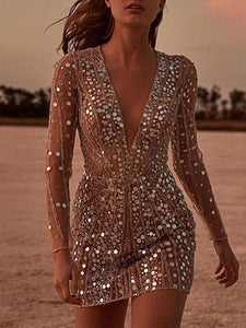 Deep V Long Sleeve Sequin Dress