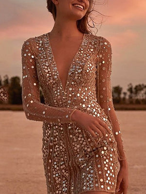 Deep V Long Sleeve Sequin Dress