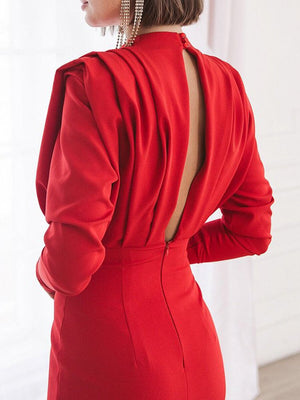 Solid color pleated split open back dress
