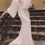 V-neck Long Sleeve Elegant Ladies Sequin Dress Long Dress