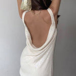 Beige Sequin Draped Neck Low Back Mini Party Dress