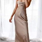 Slim mid-length pile neck suspender evening dress