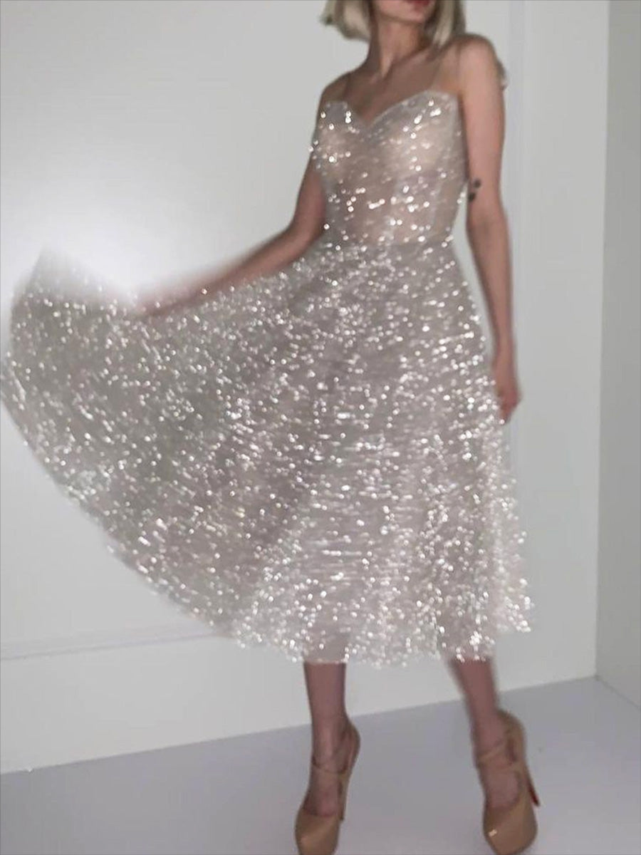 Shiny suspender A-line dress