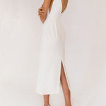 White open back slit dress