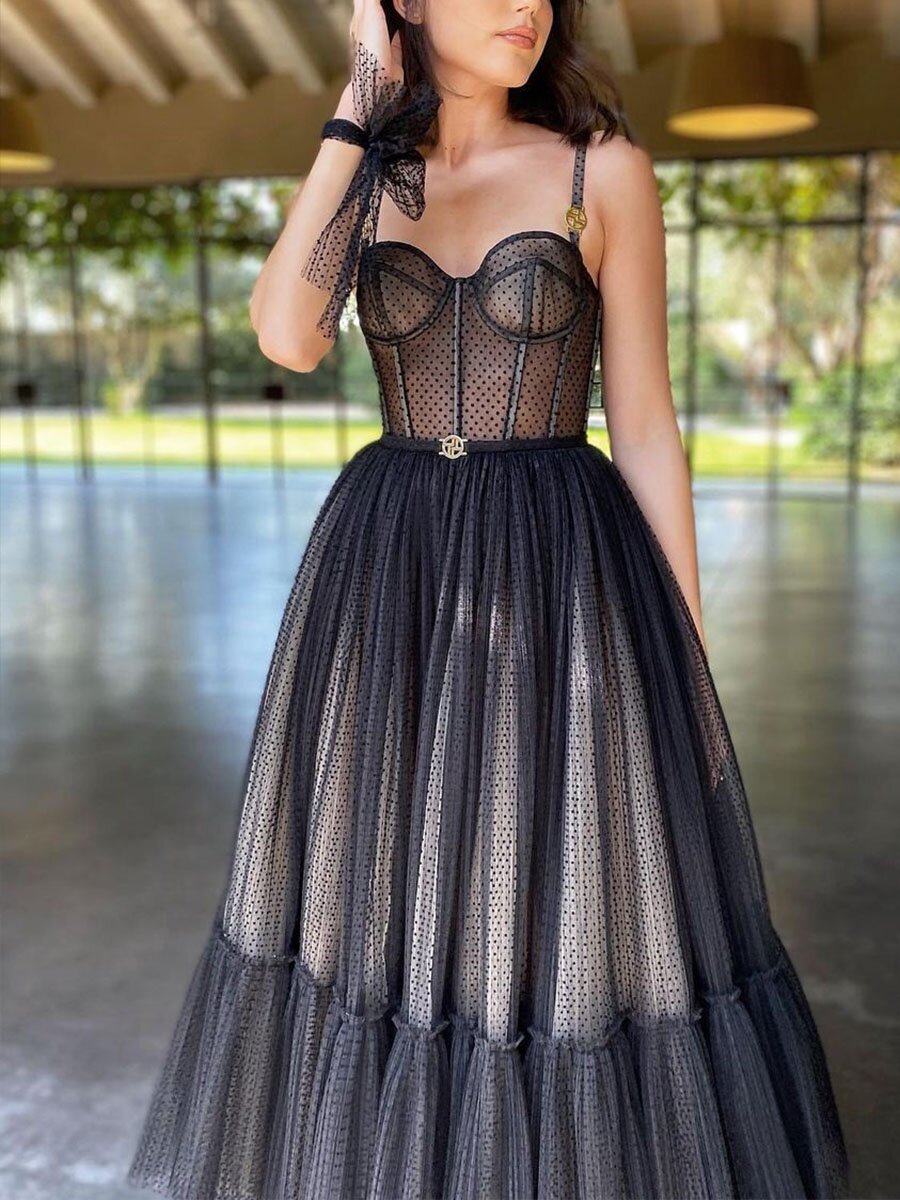 Black Sling Heavy Craft Mesh Gown