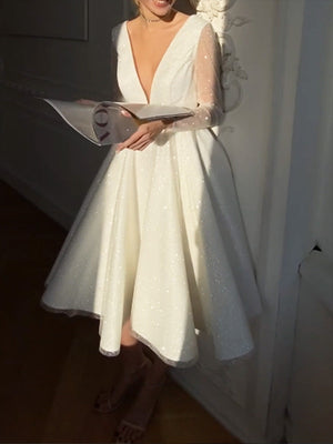 V-neck long-sleeve high-waisted sparkling evening dress