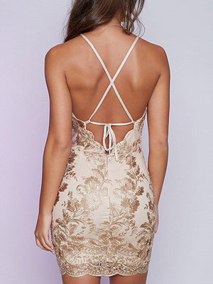 Golden Embroidery Lace Halter Cross Strap Back Bodycon Dress