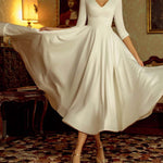 V-neck Elegant Mid-length White Large Skirt Dress