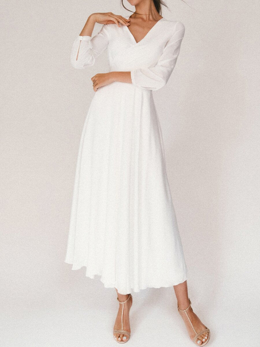 White retro V-neck long sleeve dress