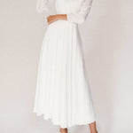 White retro V-neck long sleeve dress