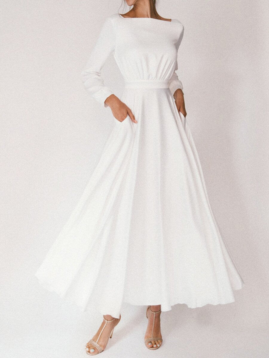 White one-neck long-sleeve halter dress