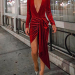 Fashion Long Sleeve V-neck Velvet Elegant Dress