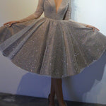 V-neck long-sleeve high-waisted sparkling evening dress