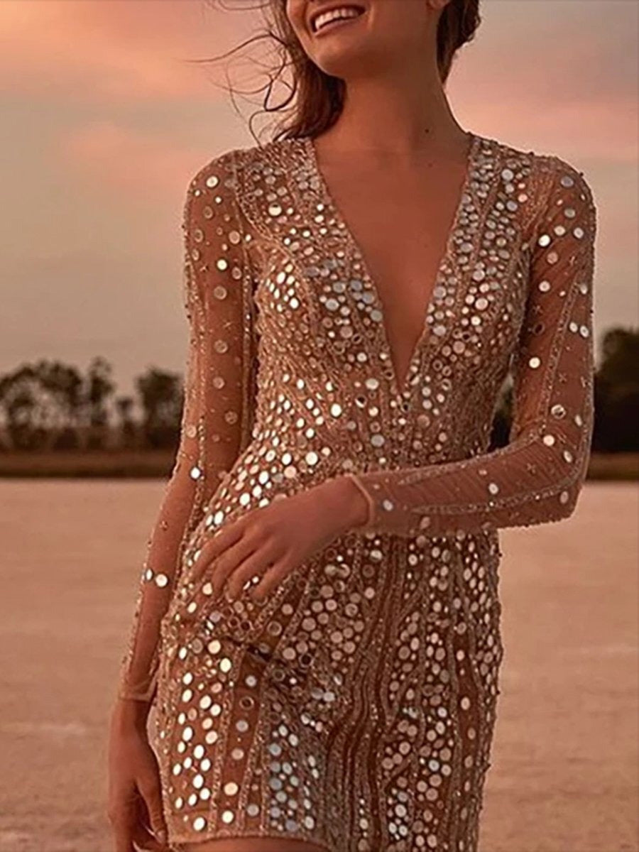 Deep V Long Sleeve Sequin Dress