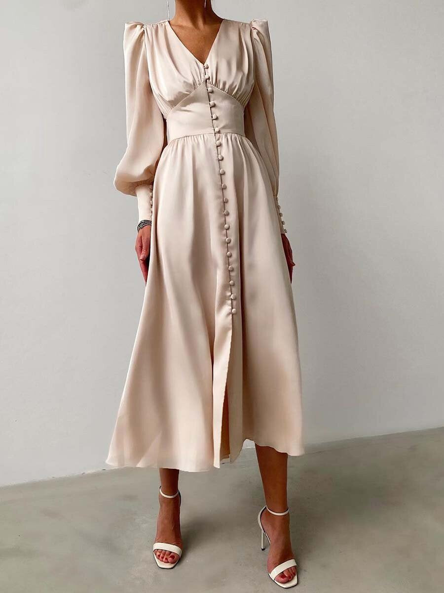 Vintage Solid Color Button Long Dress