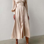 Vintage Solid Color Button Long Dress