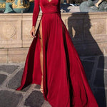 Off-the-shoulder Long-sleeve High-slit Long Dress
