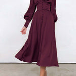 Vintage Solid Color Button Long Dress