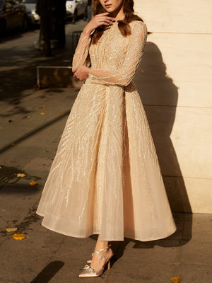 Elegant long-sleeved sequined A-line gown