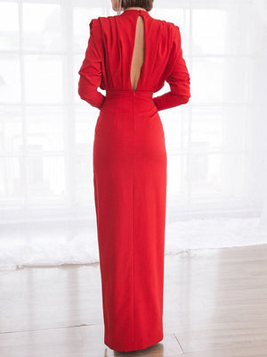 Solid color pleated split open back dress