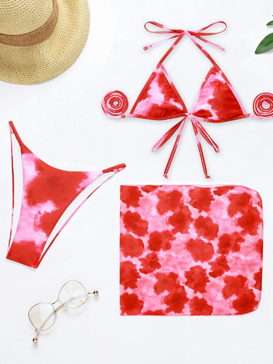 Three-piece Bikini Tie-dye Printed Tether Veil Swimsuit