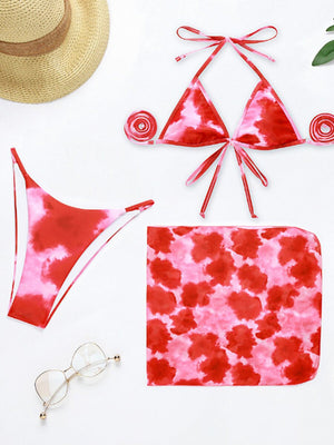 Three-piece Bikini Tie-dye Printed Tether Veil Swimsuit