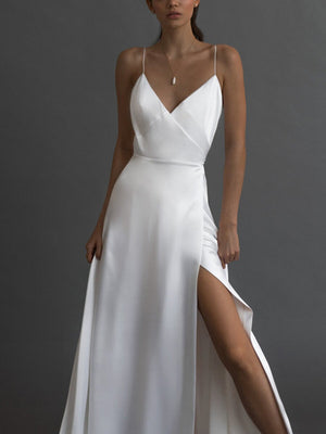 White Suspenders Tight-fitting Slit Long Dress