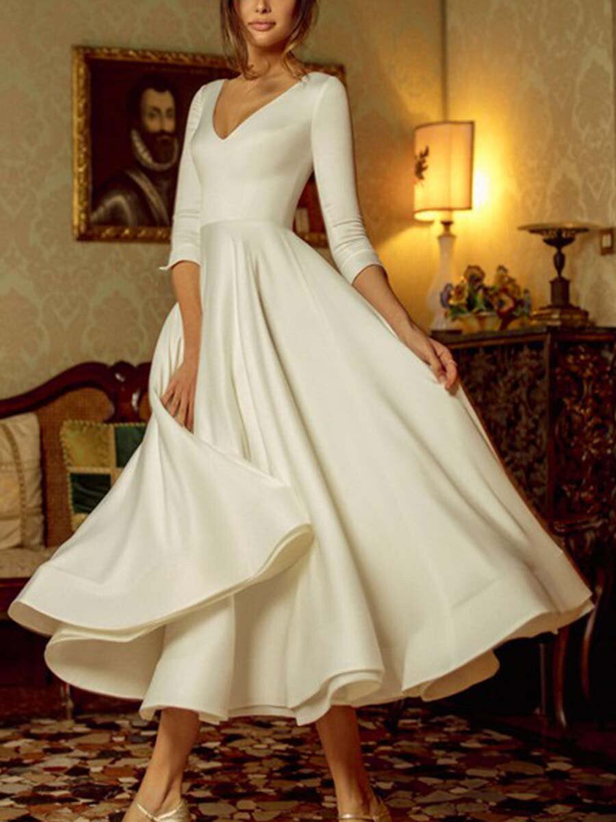 V-neck Elegant Mid-length White Large Skirt Dress