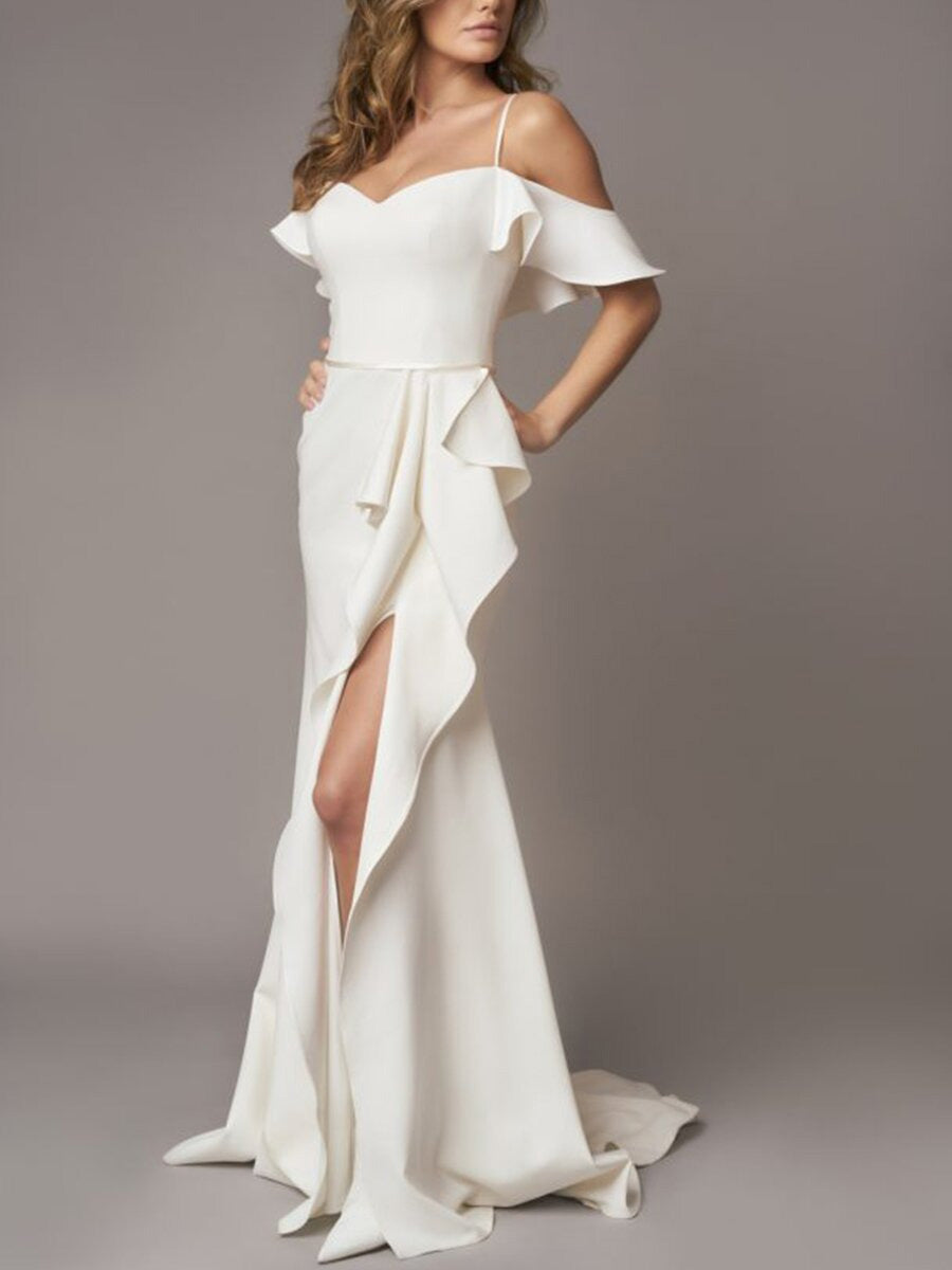 White Sling Ruffled Ball Gown