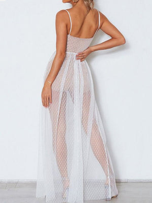 Polka Dot Spaghetti Straps Slit Sexy Mesh Sheer Dress