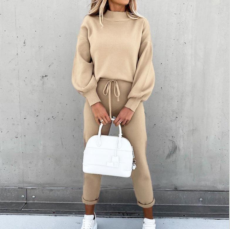 Casual Solid Color High Collar Pencil Pants Suits