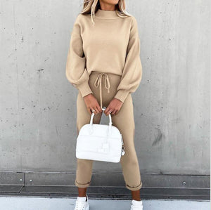 Casual Solid Color High Collar Pencil Pants Suits
